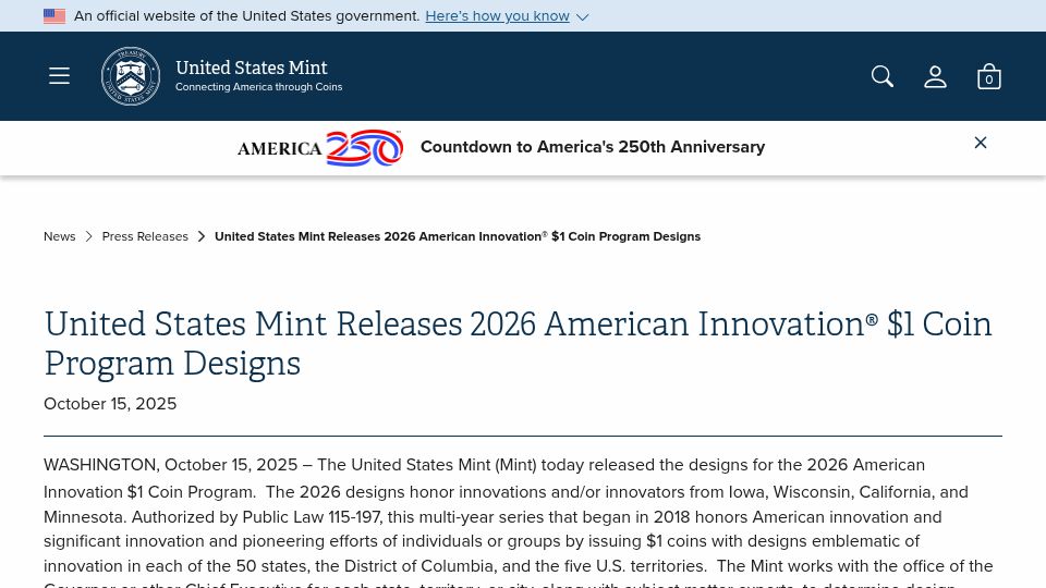 Screenshot of usmint.gov: Steve Jobs and Cray-1 to be featured on 2026 American Innovations $1 coin