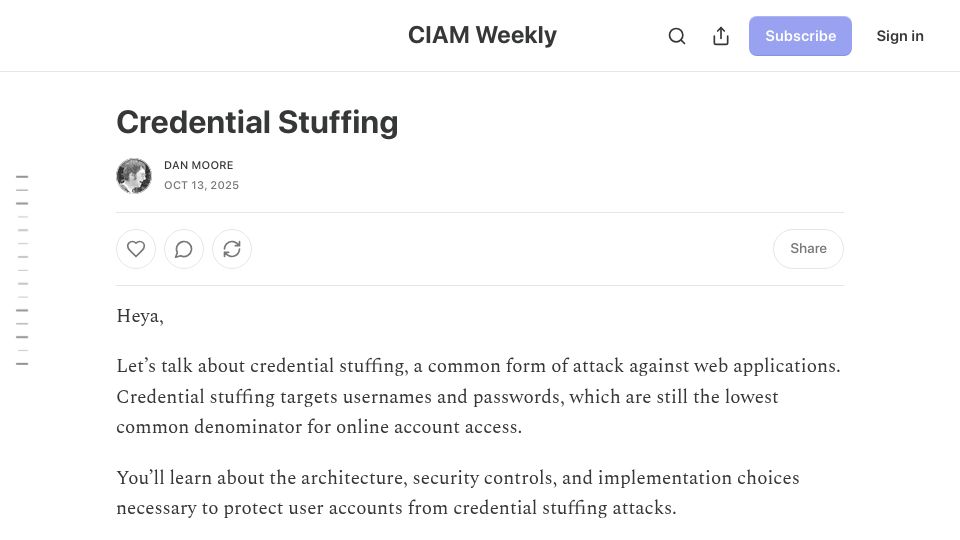Screenshot of ciamweekly.substack.com: Credential Stuffing