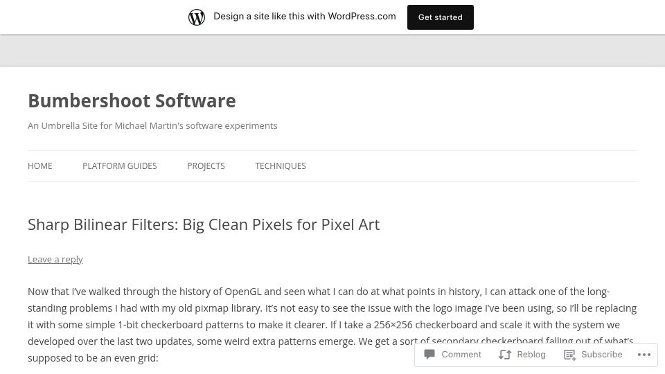Screenshot of bumbershootsoft.wordpress.com: Sharp Bilinear Filters: Big Clean Pixels for Pixel Art