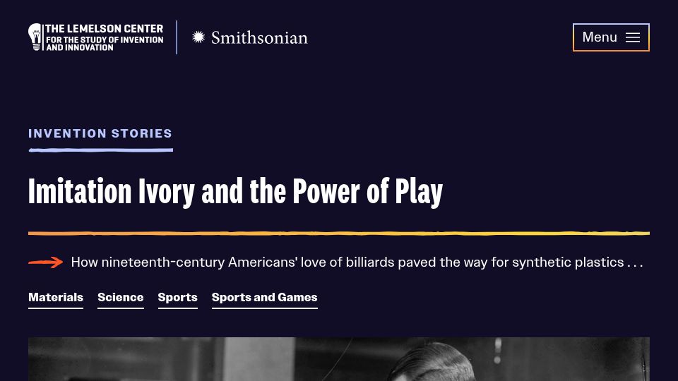 Screenshot of invention.si.edu: Americans' love of billiards paved the way for synthetic plastics