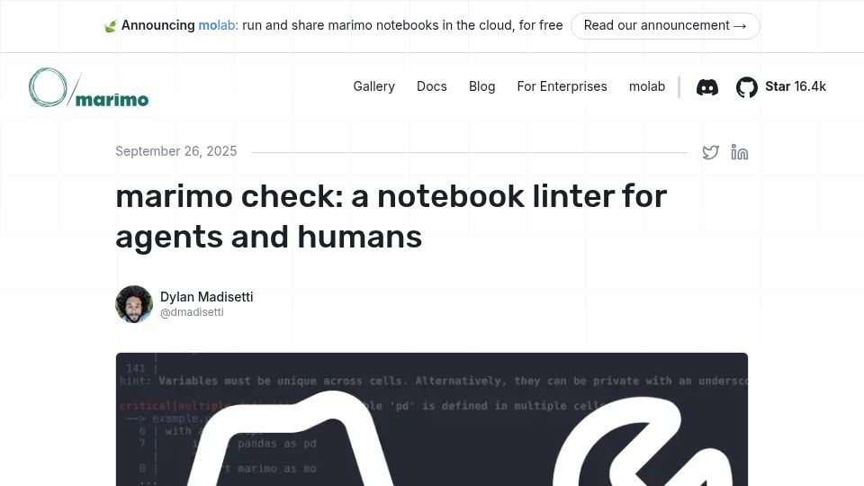 Screenshot of marimo.io: Closer to production quality Python notebooks with `marimo check`