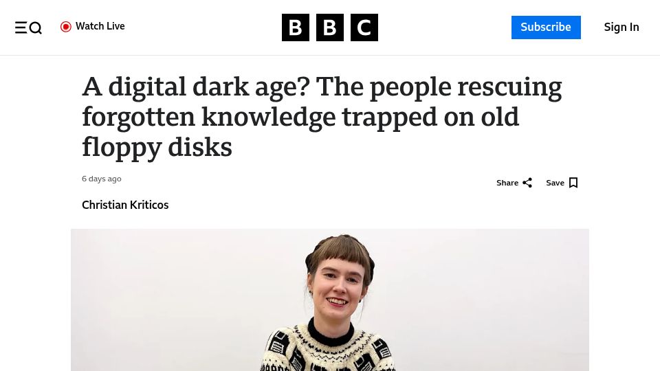 Screenshot of bbc.com: The people rescuing forgotten knowledge trapped on old floppy disks