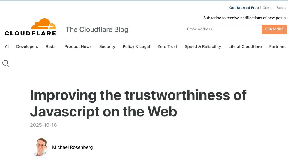 Screenshot of blog.cloudflare.com: Improving the Trustworthiness of JavaScript on the Web