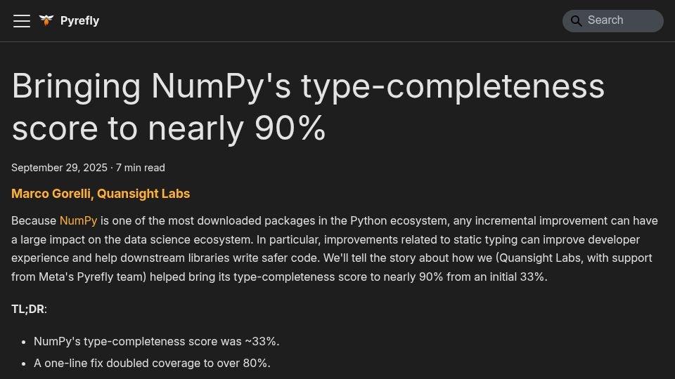 Screenshot of pyrefly.org: Bringing NumPy's type-completeness score to nearly 90%