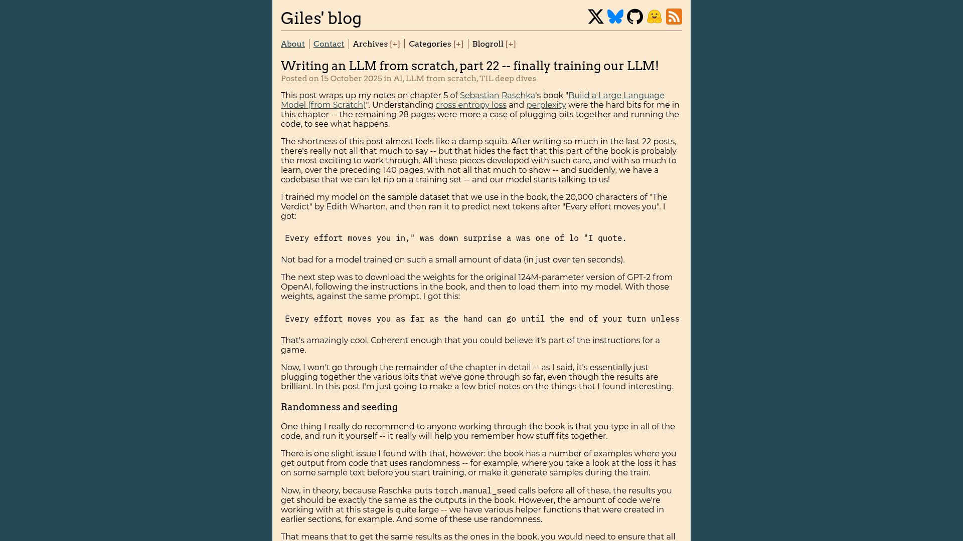 Screenshot of gilesthomas.com: Writing an LLM from scratch, part 22 – training our LLM