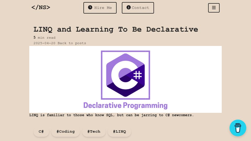 Screenshot of nickstambaugh.dev: LINQ and Learning to Be Declarative