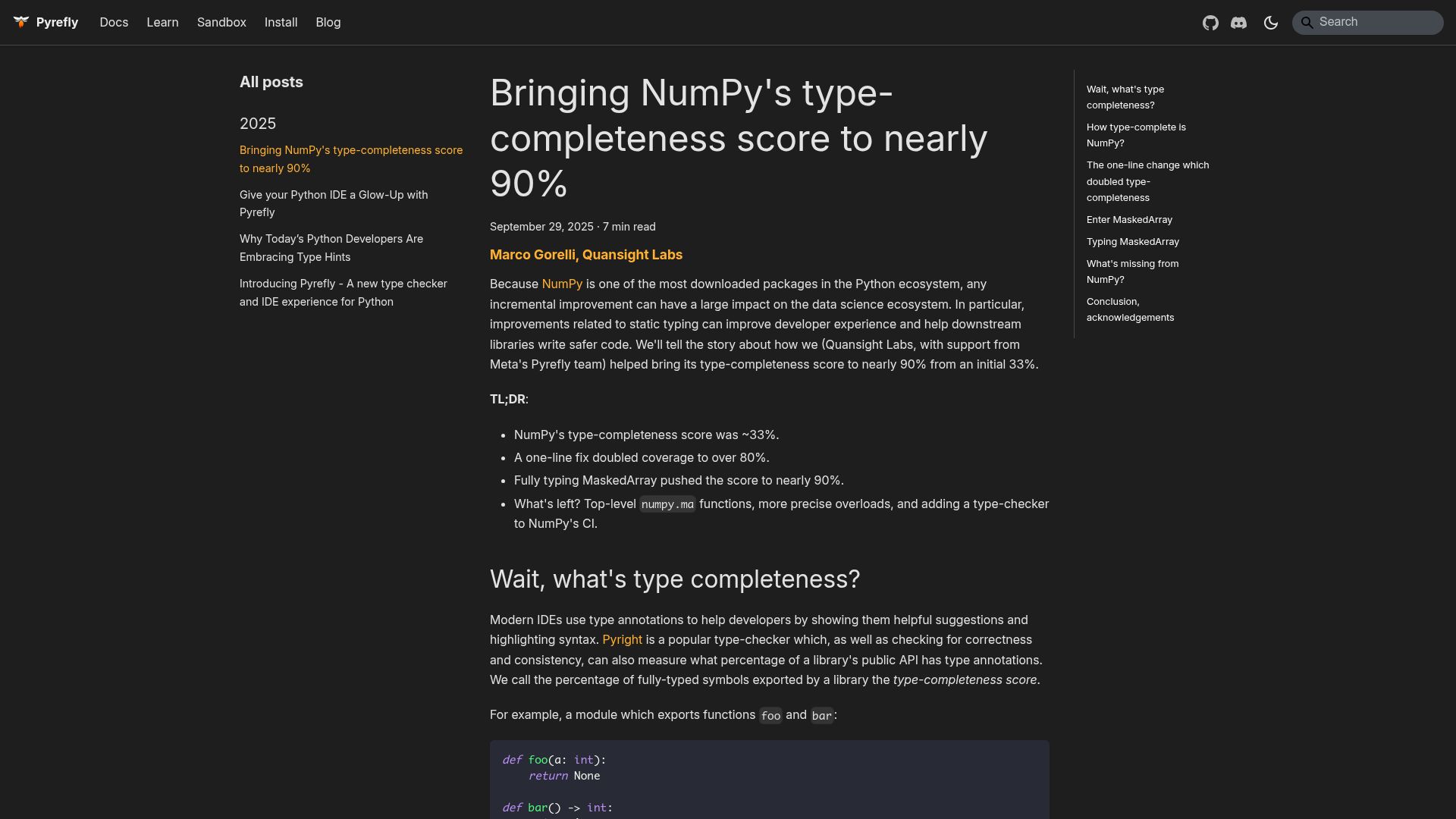 Screenshot of pyrefly.org: Bringing NumPy's type-completeness score to nearly 90%