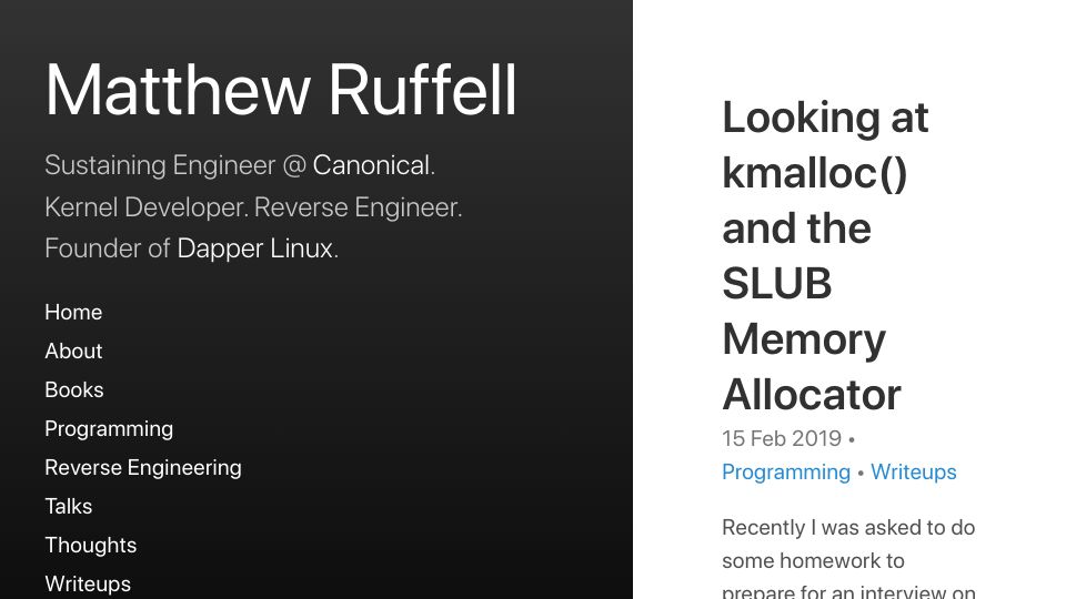 Screenshot of ruffell.nz: Looking at kmalloc() and the SLUB Memory Allocator (2019)