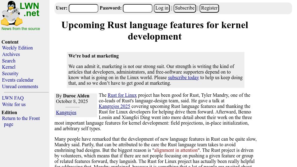 Screenshot of lwn.net: Upcoming Rust language features for kernel development