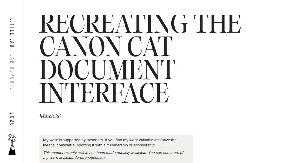 Screenshot of lab.alexanderobenauer.com: Recreating the Canon Cat document interface