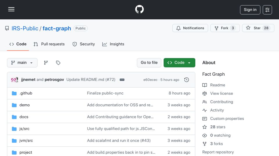 Screenshot of github.com: IRS open sources its fact graph