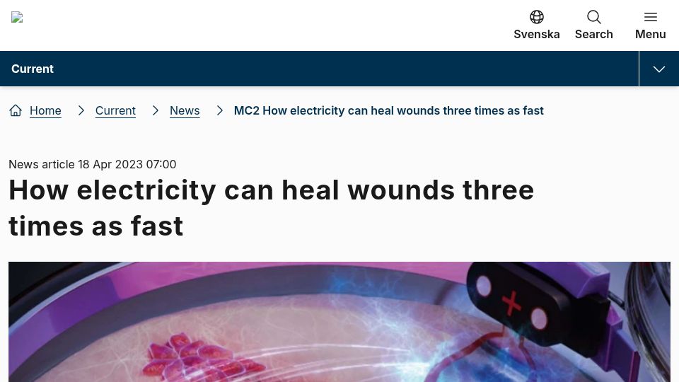 Screenshot of chalmers.se: Electricity can heal wounds three times as fast (2023)