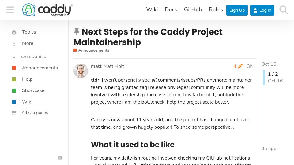 Screenshot of caddy.community: Next Steps for the Caddy Project Maintainership