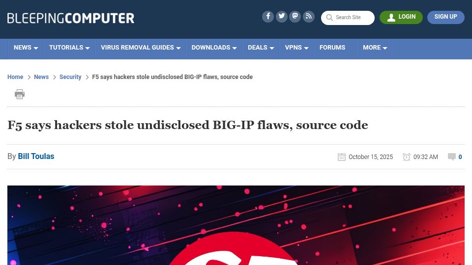 Screenshot of bleepingcomputer.com: F5 says hackers stole undisclosed BIG-IP flaws, source code