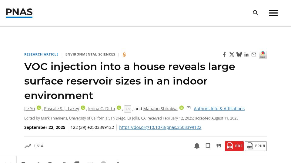 Screenshot of pnas.org: VOC injection into a house reveals large surface reservoir sizes