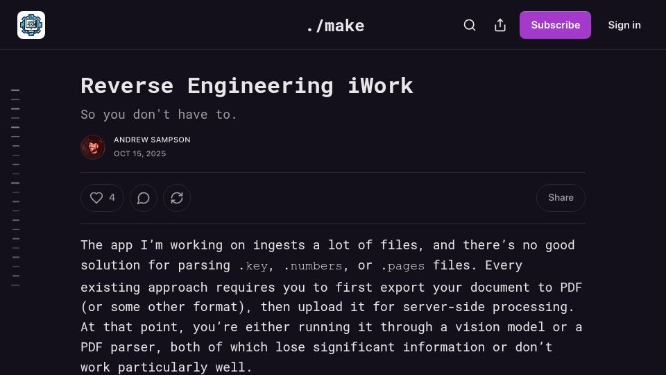 Screenshot of andrews.substack.com: Reverse engineering iWork
