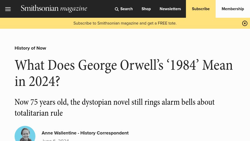 Screenshot of smithsonianmag.com: What Does George Orwell's '1984' Mean in 2024?