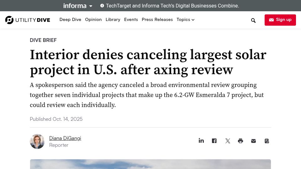 Screenshot of utilitydive.com: US Dept of Interior denies canceling largest solar project after axing review