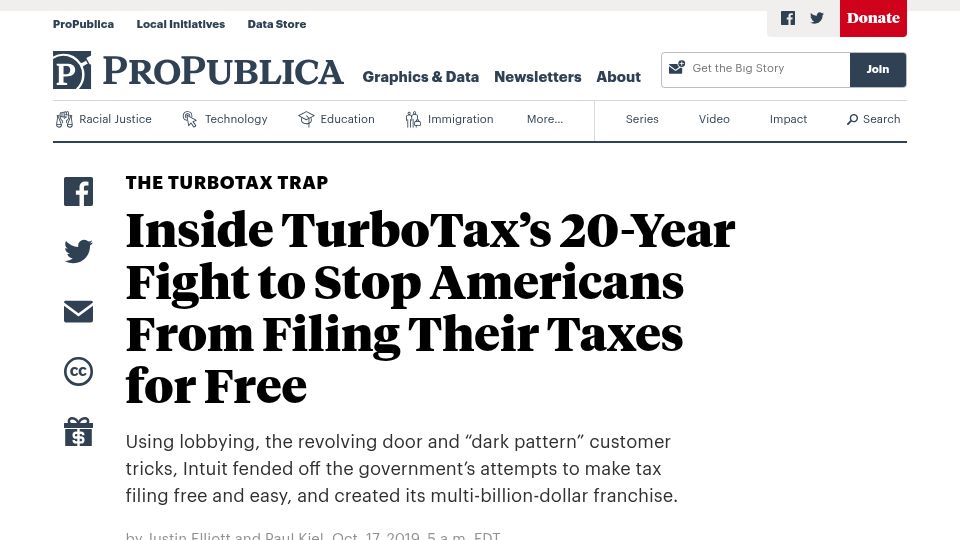 Screenshot of propublica.org: TurboTax’s 20-year fight to stop Americans from filing taxes for free (2019)