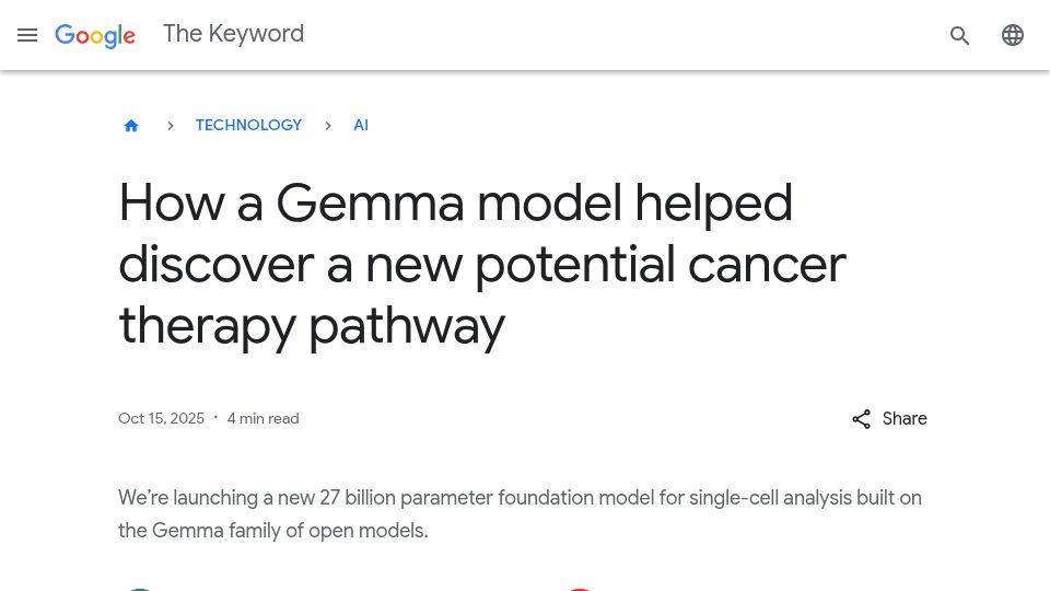 Screenshot of blog.google: A Gemma model helped discover a new potential cancer therapy pathway