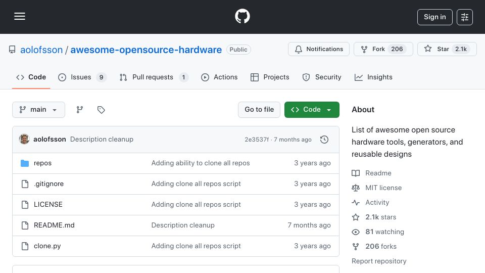 Screenshot of github.com: Open-Source Hardware: curated list of open-source ASIC tools and designs
