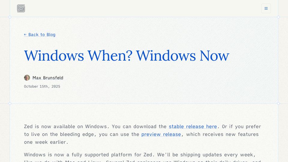Screenshot of zed.dev: Zed is now available on Windows