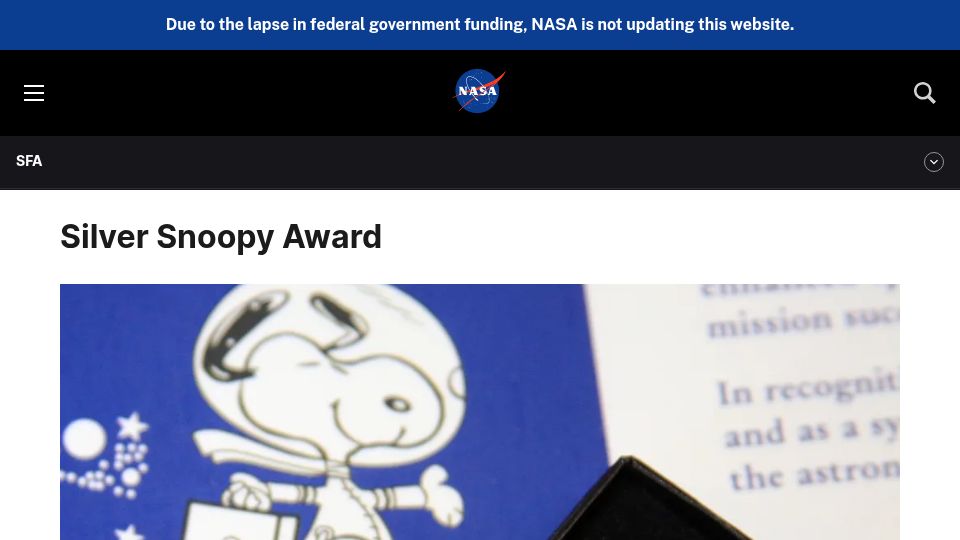 Screenshot of nasa.gov: Silver Snoopy Award
