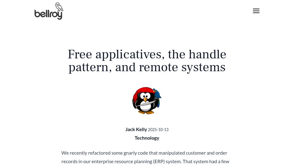Screenshot of exploring-better-ways.bellroy.com: Free applicatives, the handle pattern, and remote systems