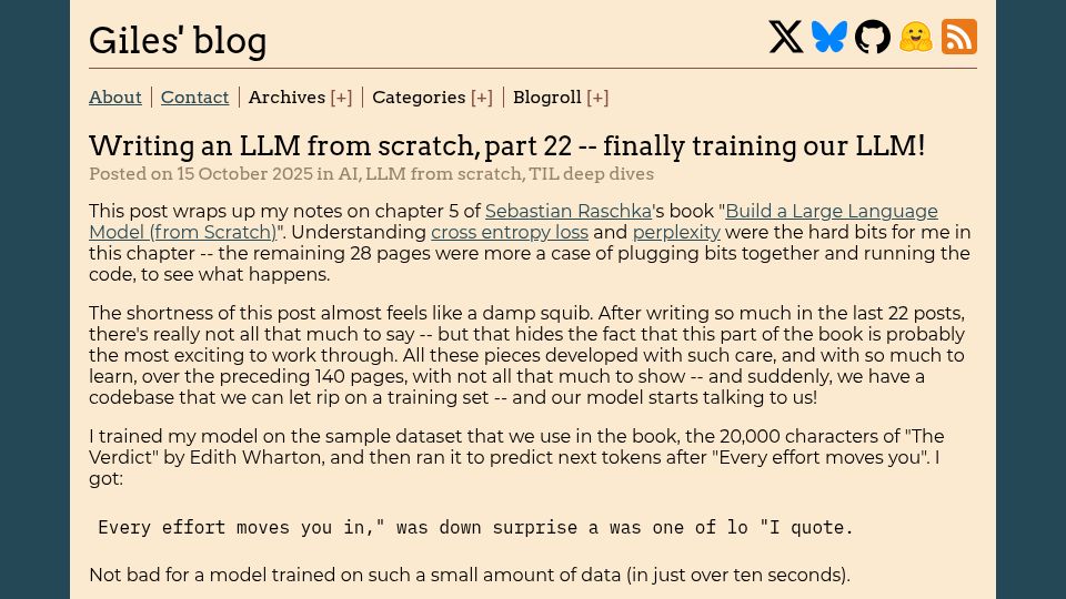 Screenshot of gilesthomas.com: Writing an LLM from scratch, part 22 – training our LLM