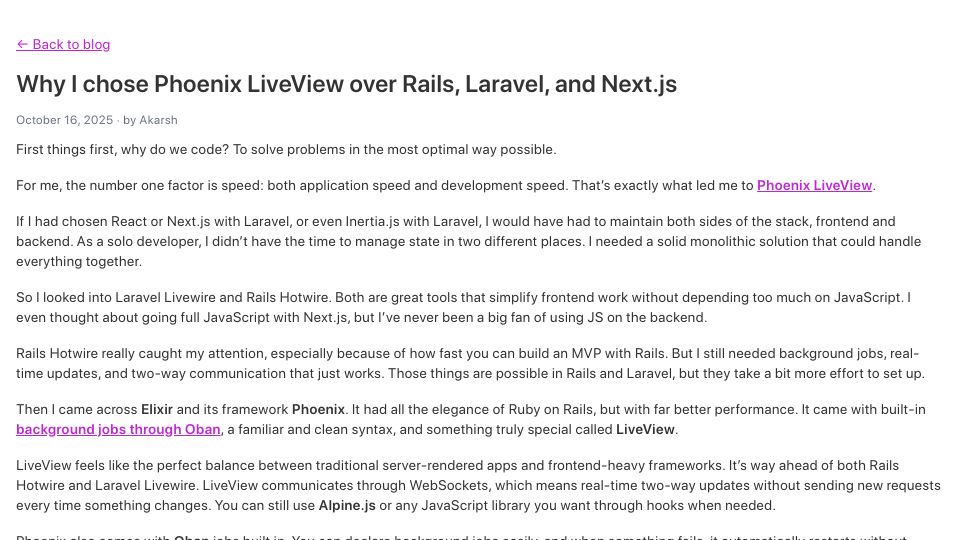 Screenshot of akarshc.com: Why I Chose Elixir Phoenix over Rails, Laravel, and Next.js
