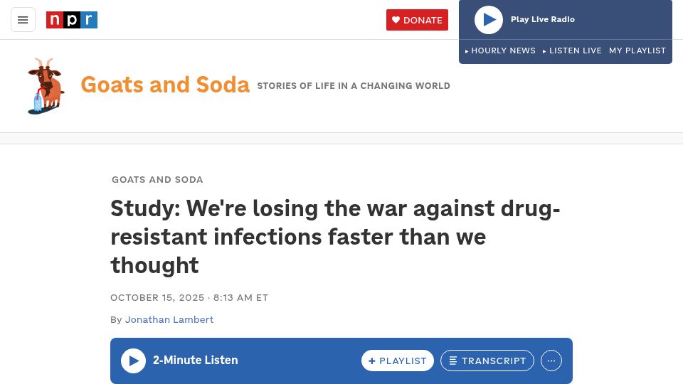 Screenshot of npr.org: We're losing the war against drug-resistant infections faster than we thought