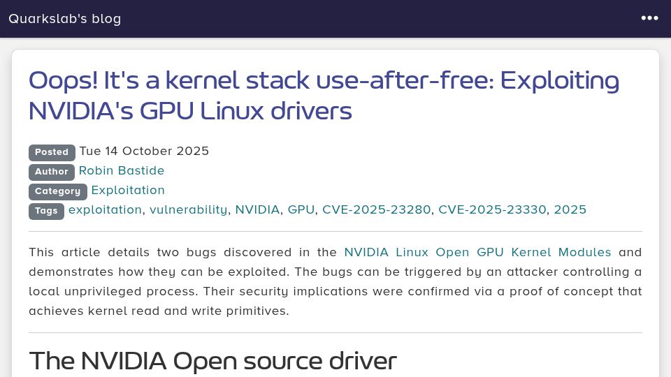 Screenshot of blog.quarkslab.com: A kernel stack use-after-free: Exploiting Nvidia's GPU Linux drivers