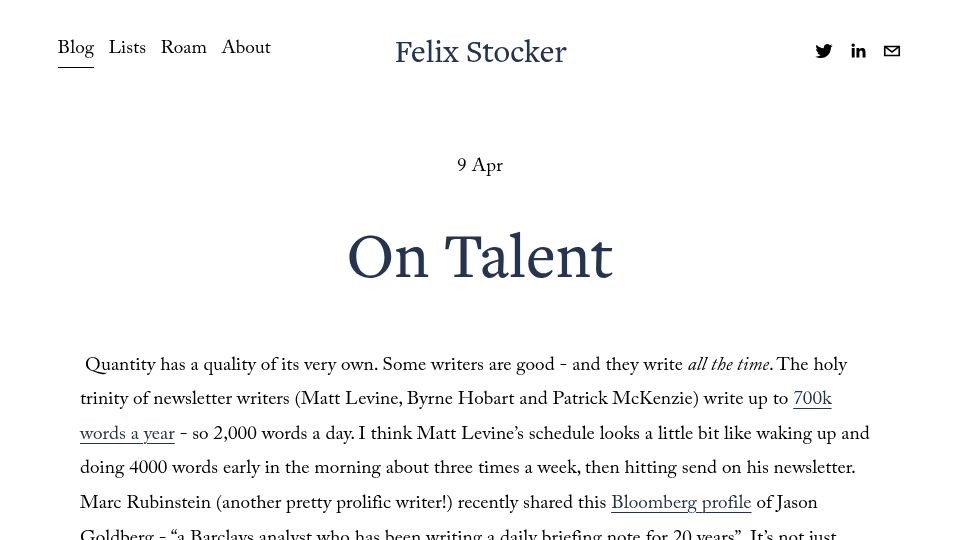 Screenshot of felixstocker.com: Talent