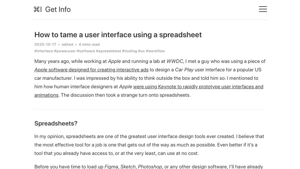 Screenshot of blog.gingerbeardman.com: How to tame a user interface using a spreadsheet