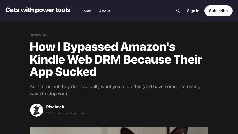 Screenshot of blog.pixelmelt.dev: How I bypassed Amazon's Kindle web DRM