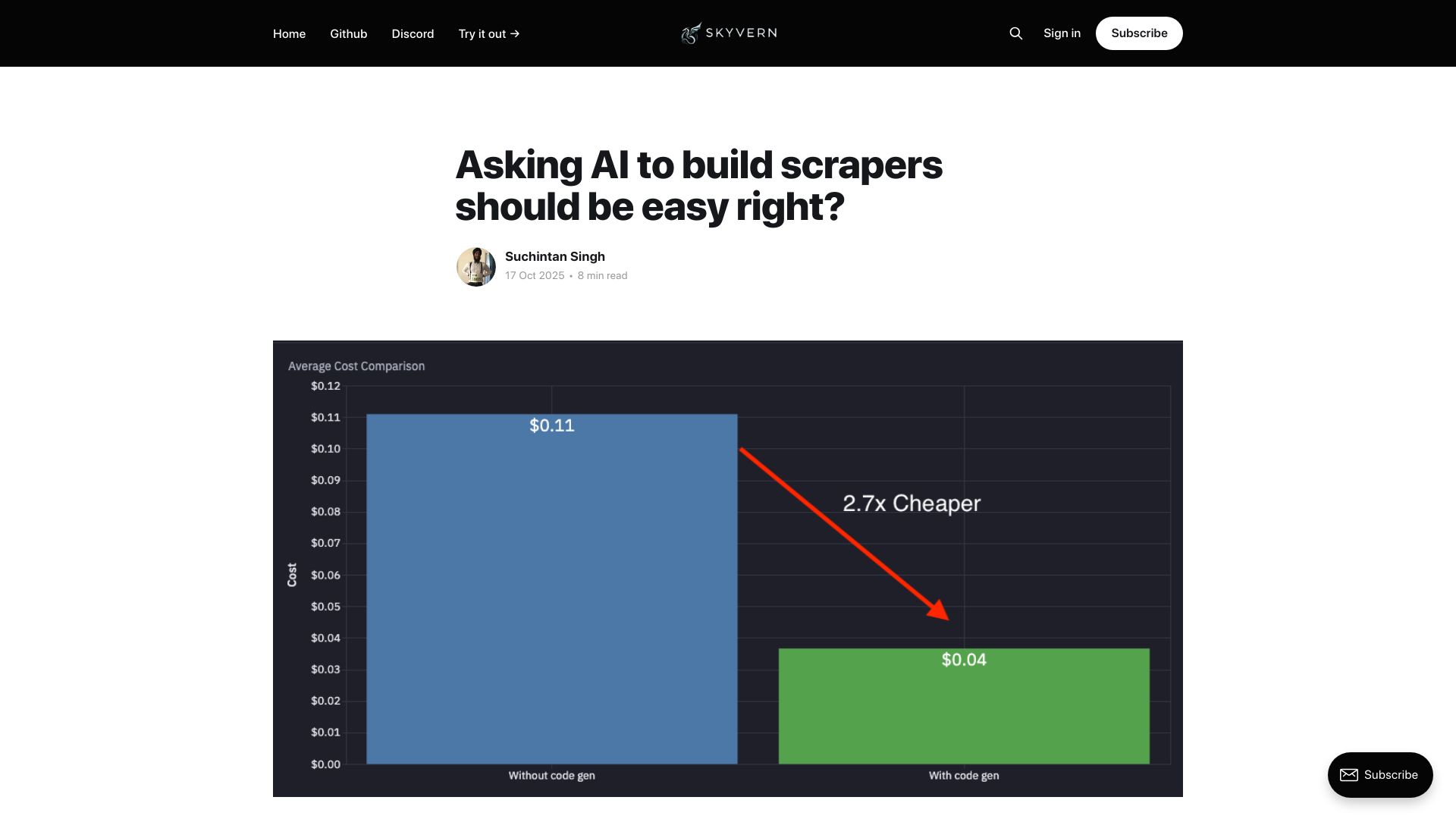 Screenshot of skyvern.com: Asking AI to build scrapers should be easy right?