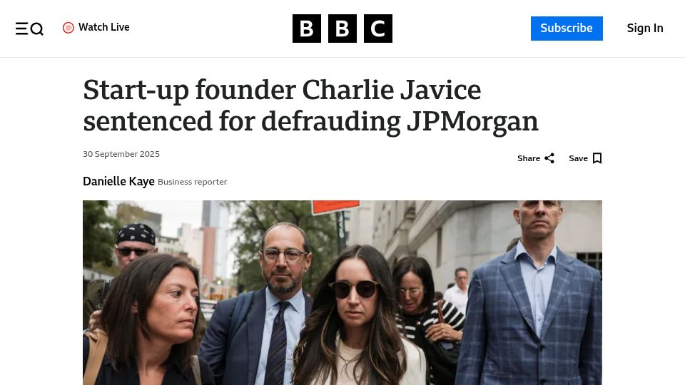 Screenshot of bbc.com: Frank founder Charlie Javice sentenced for JPMorgan fraud