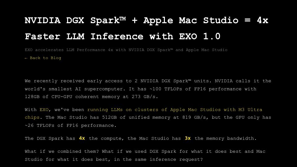 Screenshot of blog.exolabs.net: Nvidia DGX Spark and Apple Mac Studio = 4x Faster LLM Inference with EXO 1.0