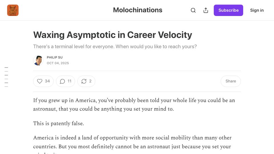 Screenshot of molochinations.substack.com: Career Asymtotes