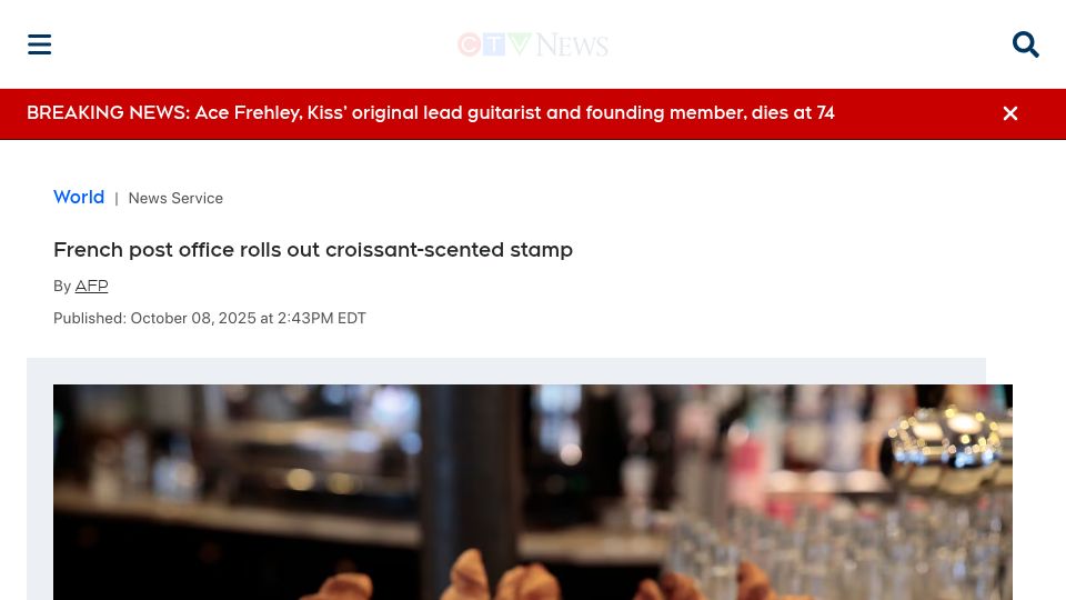 Screenshot of ctvnews.ca: Post office in France rolls out croissant-scented stamp