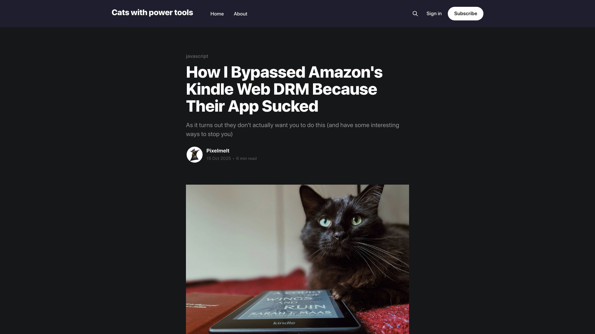 Screenshot of blog.pixelmelt.dev: How I bypassed Amazon's Kindle web DRM