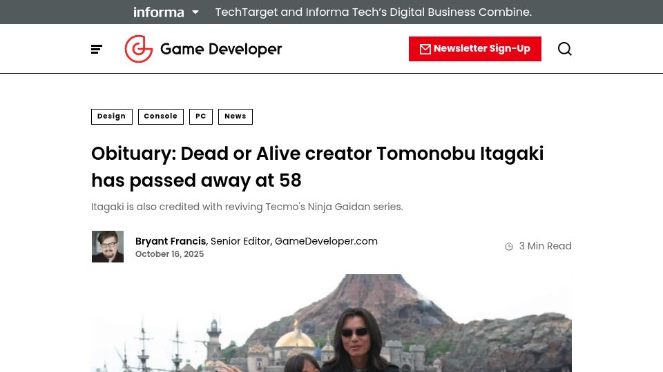 Screenshot of gamedeveloper.com: Dead or Alive creator Tomonobu Itagaki, 58 passes away