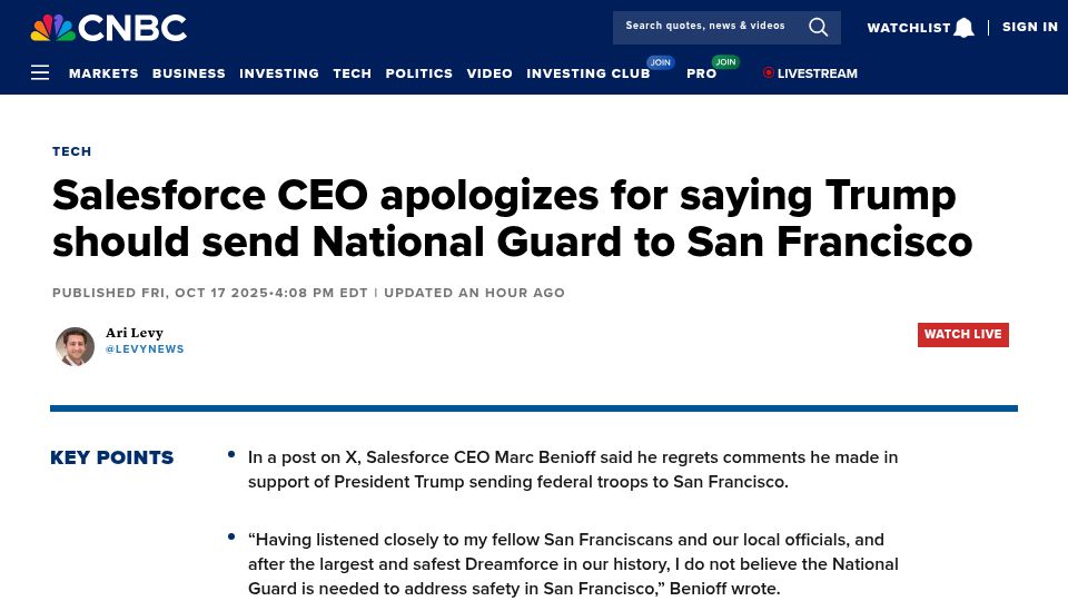 Screenshot of cnbc.com: Marc Benioff: I no longer believe National Guard is needed for SF
