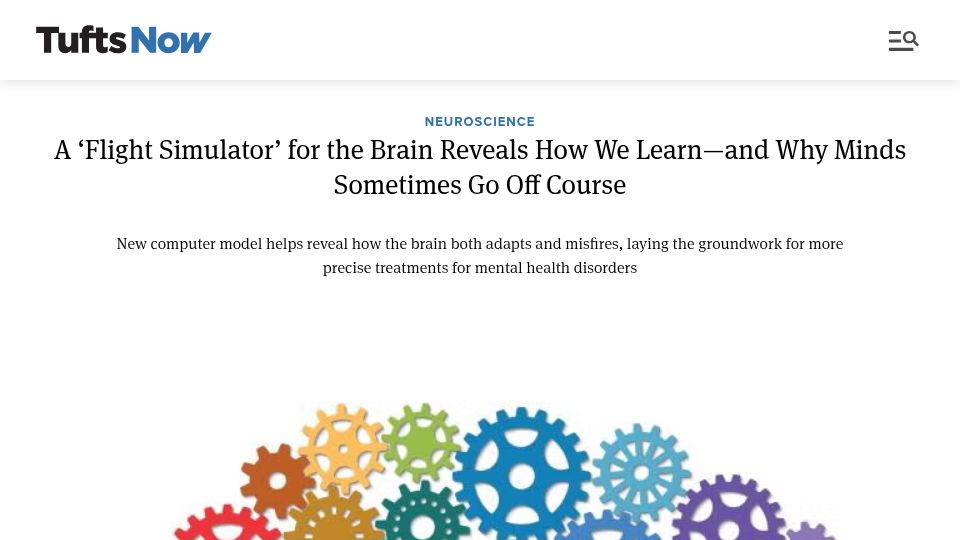Screenshot of now.tufts.edu: New computer model helps reveal how the brain both adapts and misfires