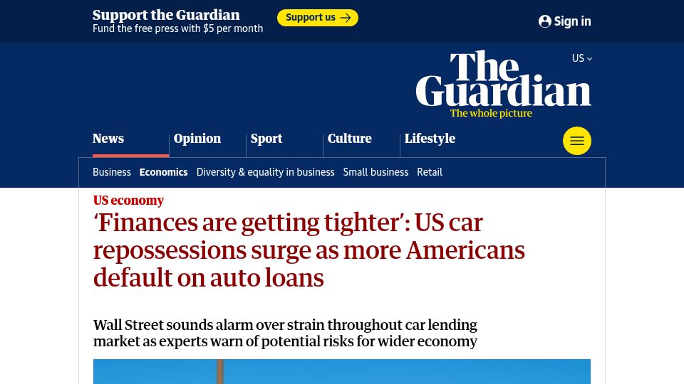 Screenshot of theguardian.com: US car repossessions surge as more Americans default on auto loans
