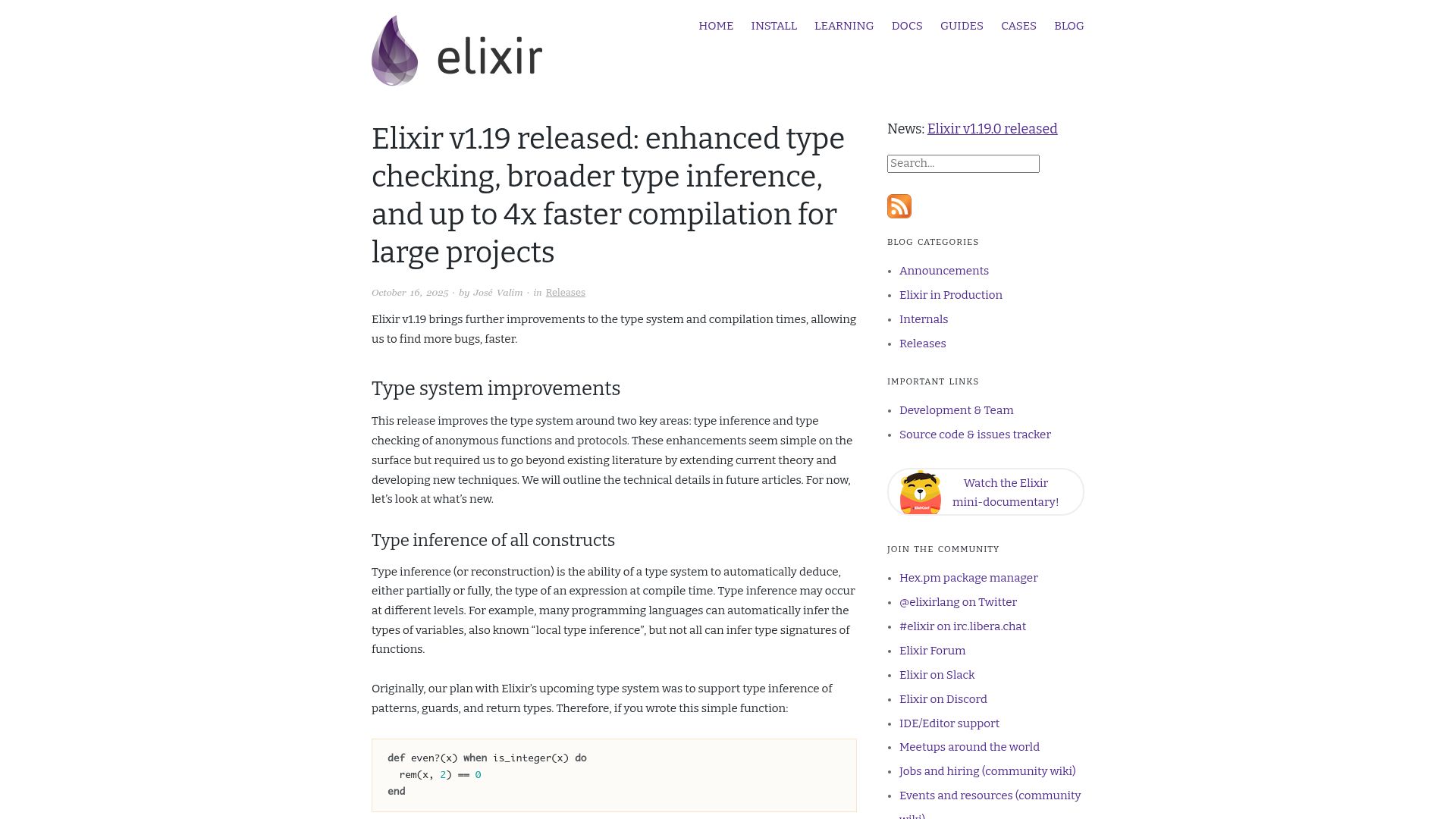 Screenshot of elixir-lang.org: Elixir 1.19