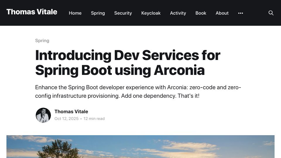 Screenshot of thomasvitale.com: Dev Services for Spring Boot Using Arconia