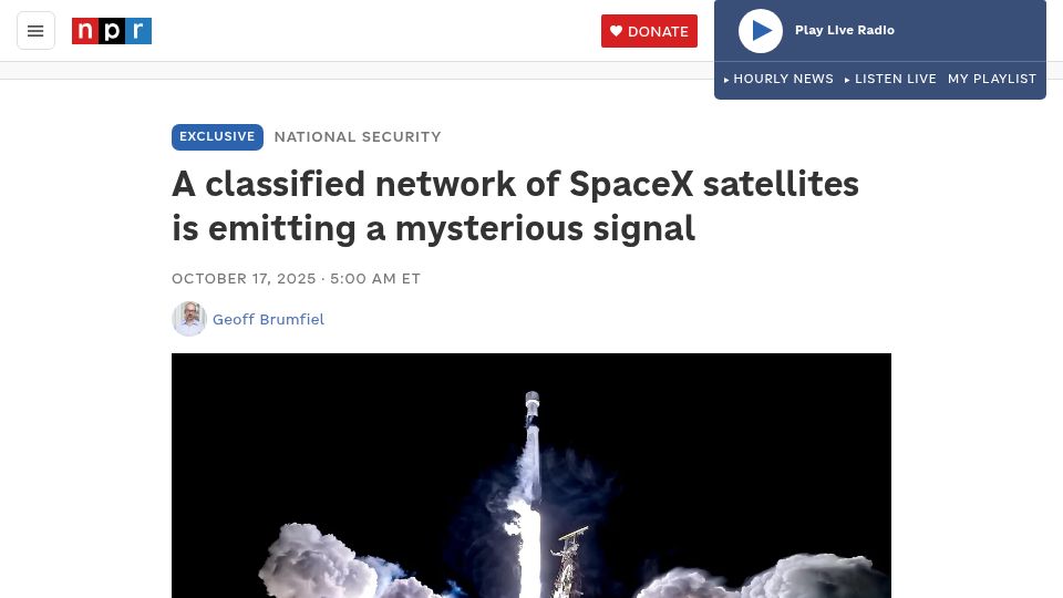 Screenshot of npr.org: A classified network of SpaceX satellites is emitting a mysterious signal
