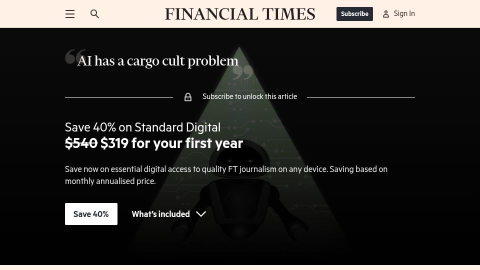 Screenshot of ft.com: AI has a cargo cult problem