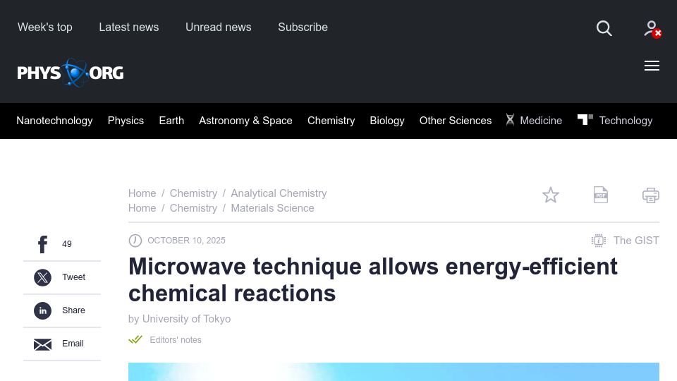 Screenshot of phys.org: Microwave technique allows energy-efficient chemical reactions